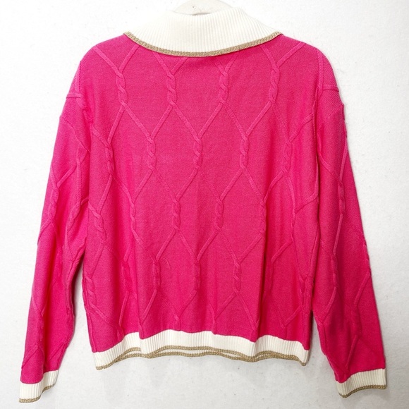Talbots Berry Pink Cotton Blend Lattice Cable Johnny Collar Sweater Gold Trim XL - Picture 3 of 8